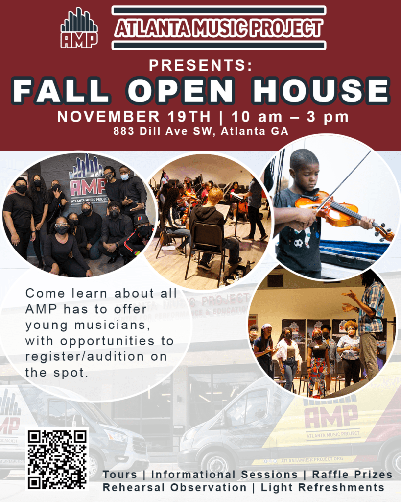 Flyer promoting AMP's fall open house with pictures of students in front of the AMP logo. Another image shows orchestra rehearsal. Another image is a young child holding a violin. Also pictured is the youth choir during a rehearsal